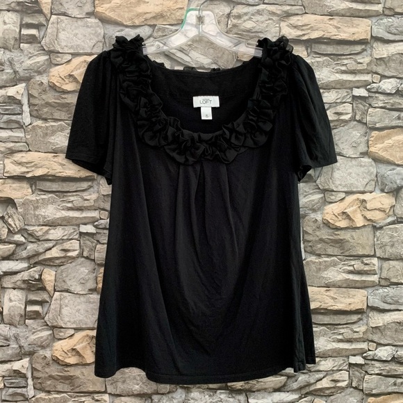 #05 Vintage Ann Taylor Loft Chiffon Ruffle Short Sleeve Black Top Blouse Medium - Picture 1 of 2